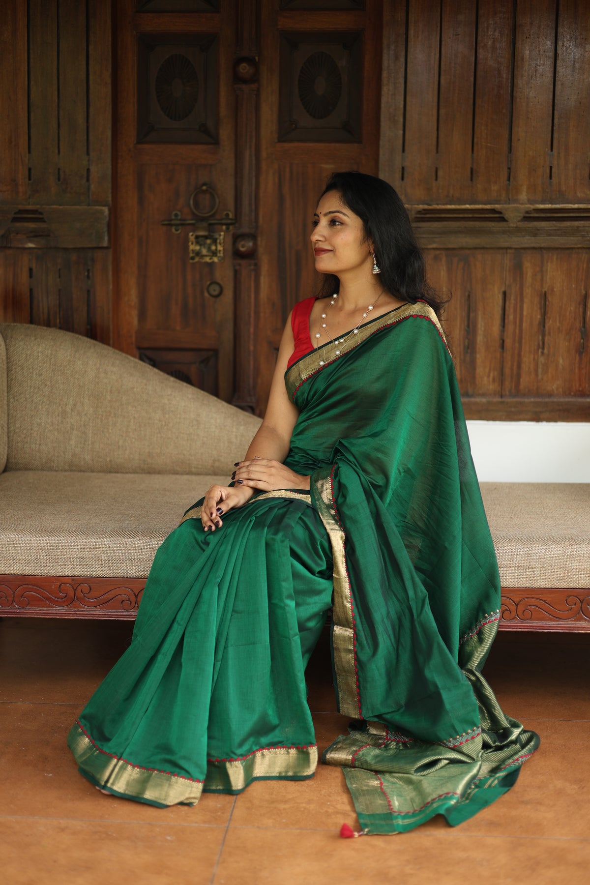 Emerald Hand Embroidered Maheshwari Silk Saree