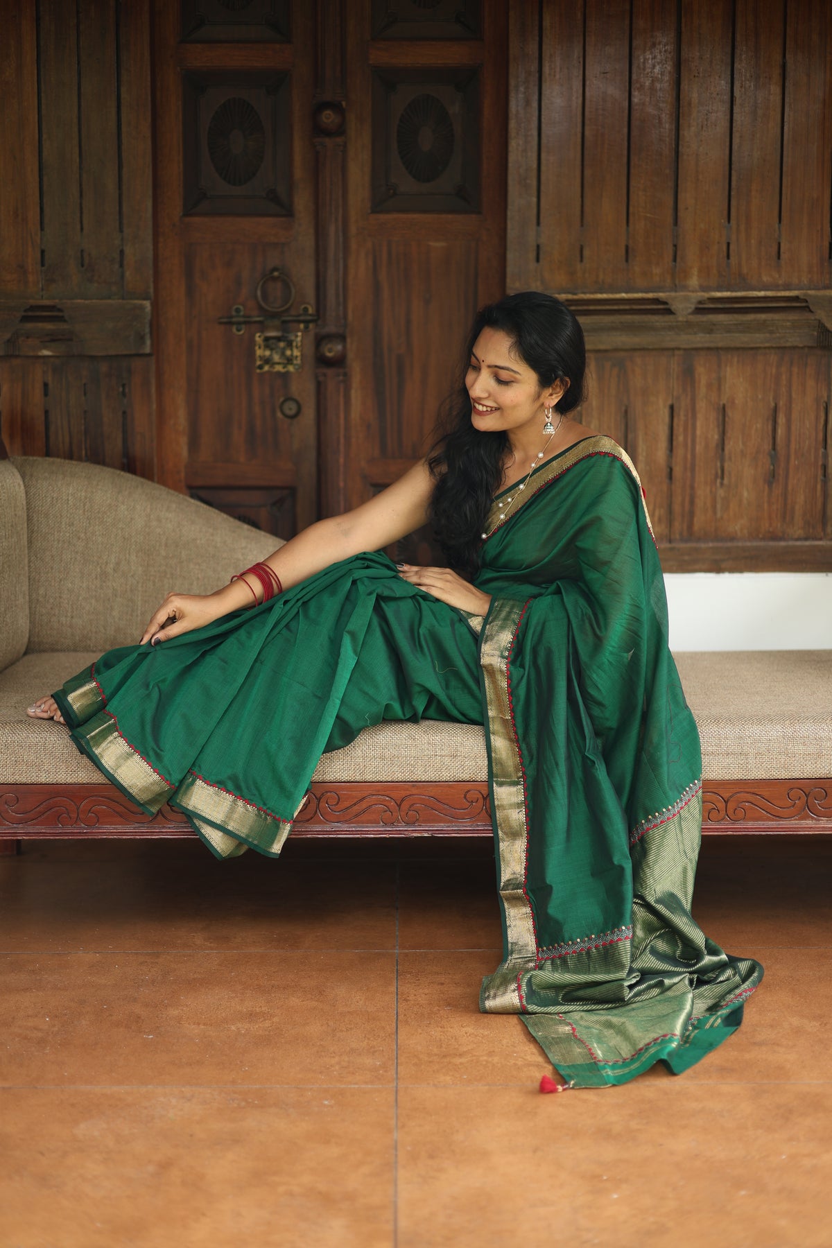 Emerald Hand Embroidered Maheshwari Silk Saree