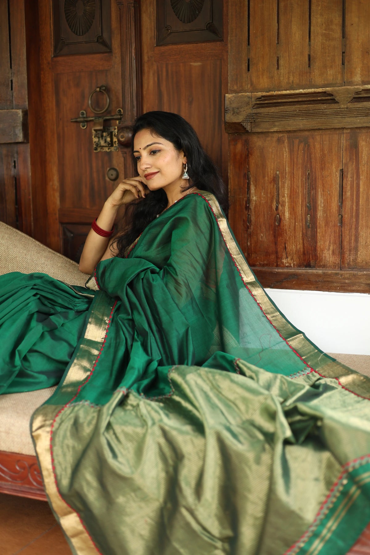 Emerald Hand Embroidered Maheshwari Silk Saree