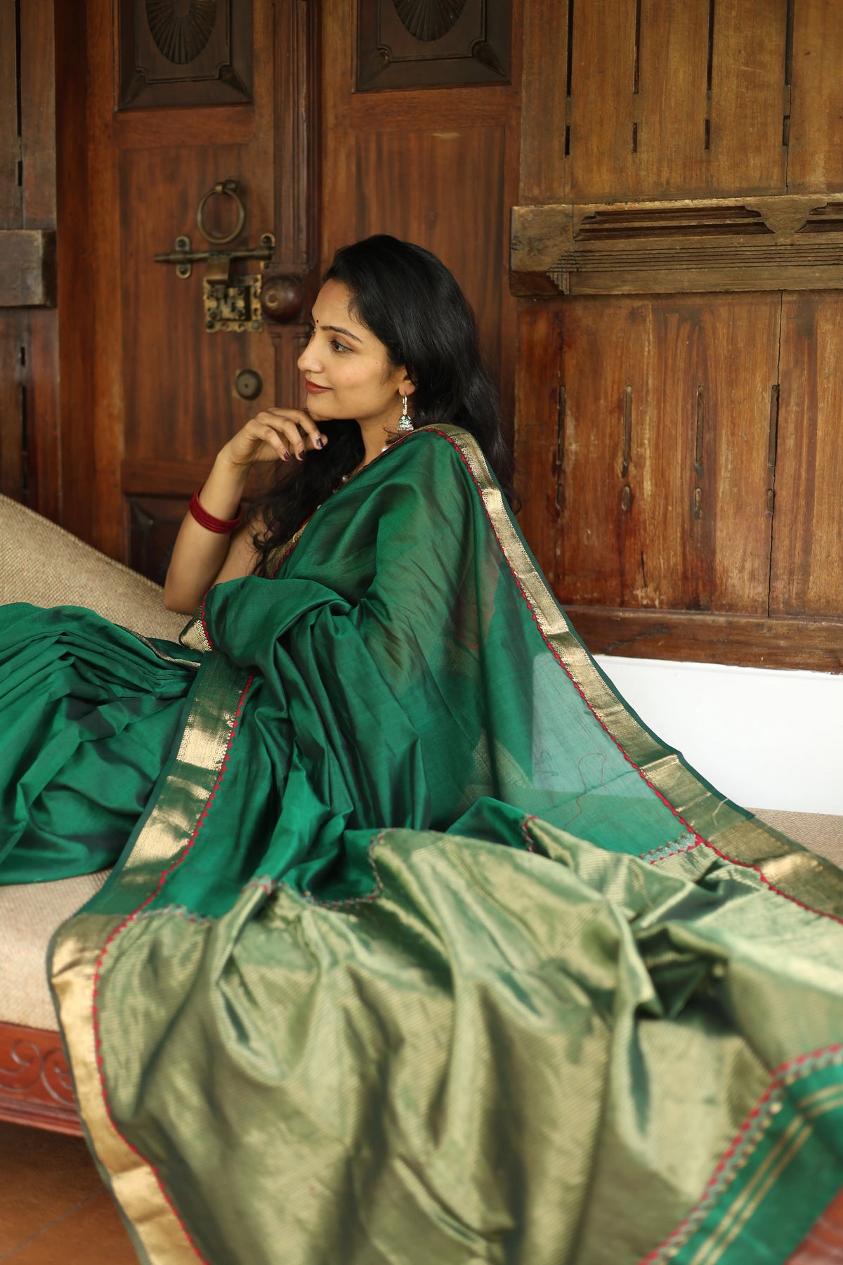 Emerald Hand Embroidered Maheshwari Silk Saree