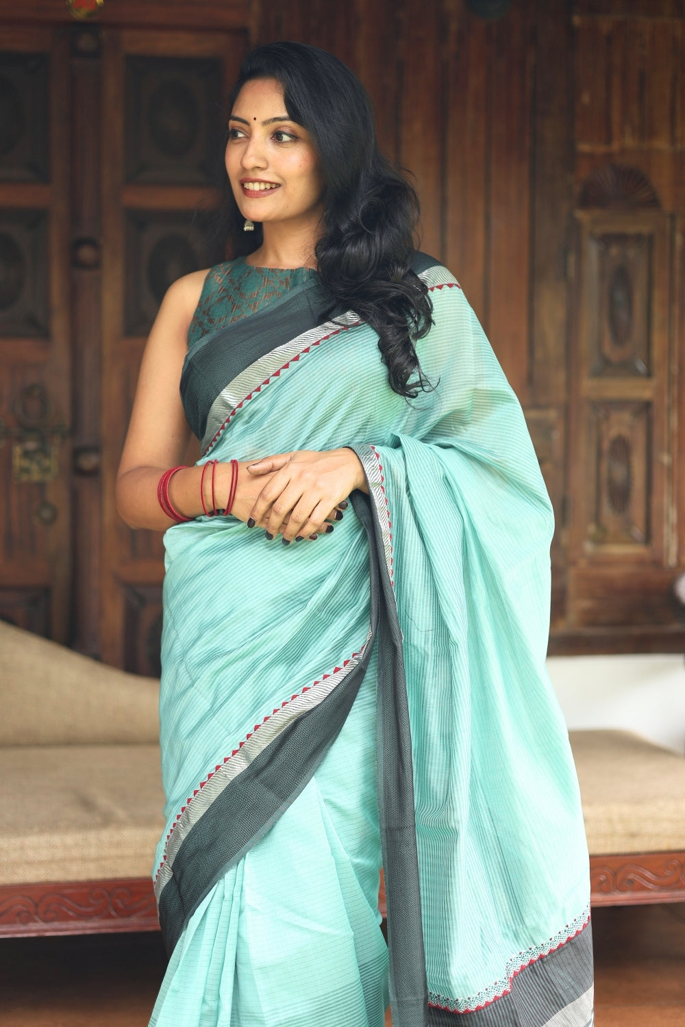 Powder Blue Hand Embroidered Maheshwari Silk Saree