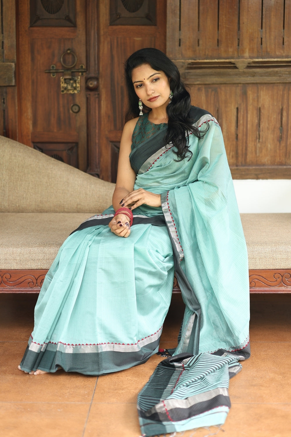 Powder Blue Hand Embroidered Maheshwari Silk Saree