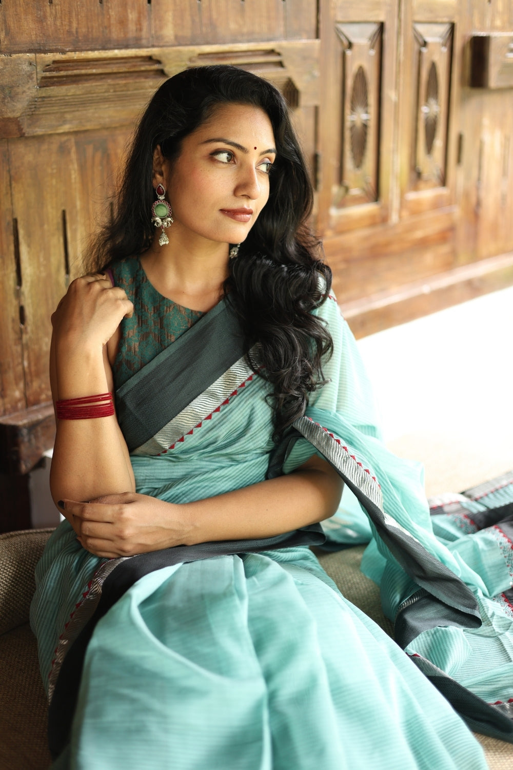 Powder Blue Hand Embroidered Maheshwari Silk Saree