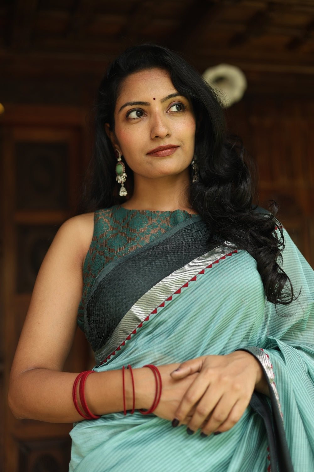 Powder Blue Hand Embroidered Maheshwari Silk Saree