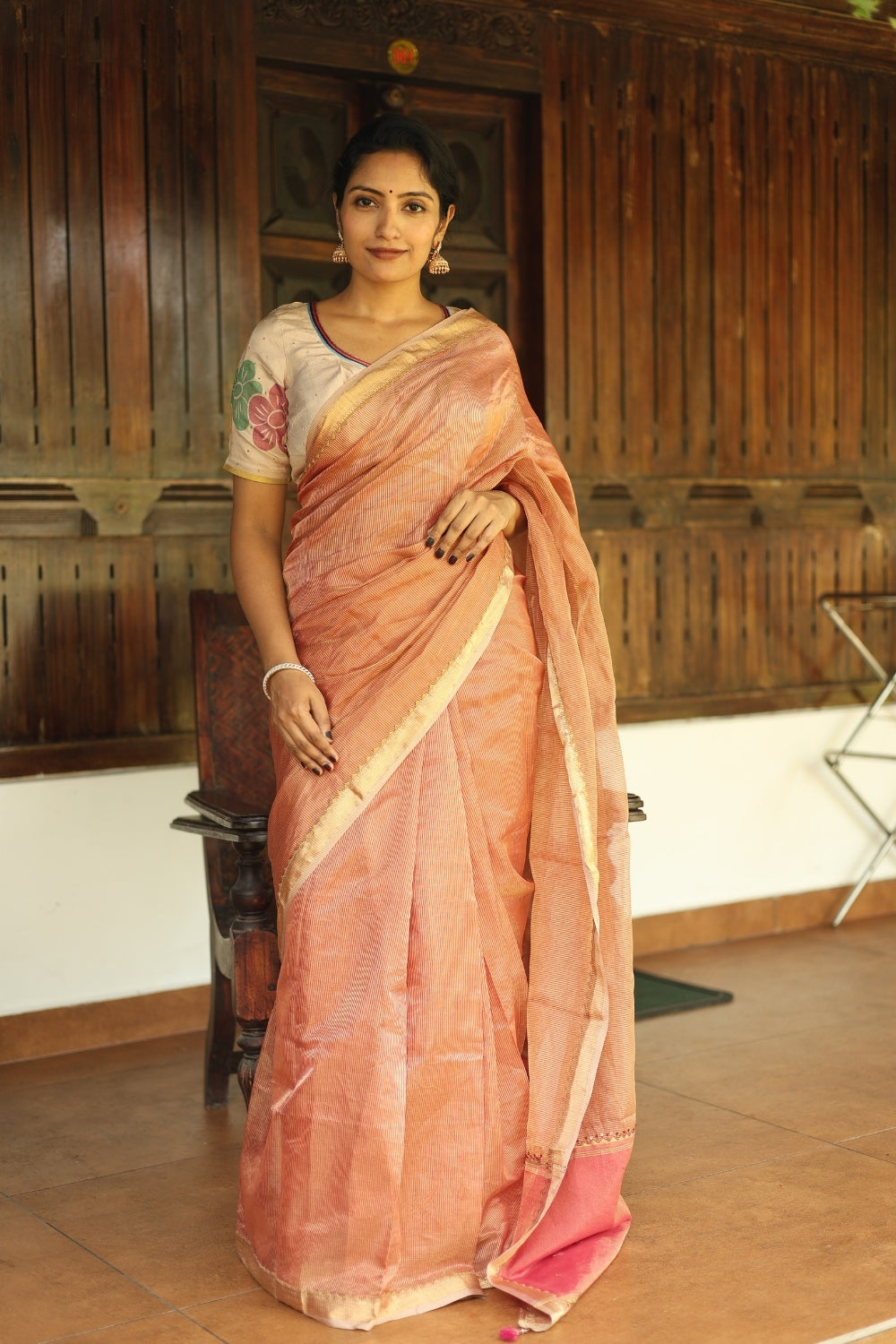 Peach Pink Tassel Border Embroidered Maheshwari Silk Saree