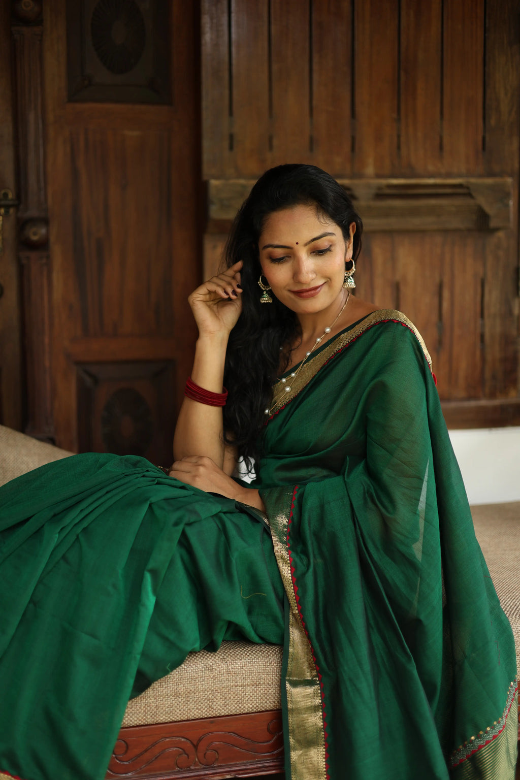 Emerald Hand Embroidered Maheshwari Silk Saree