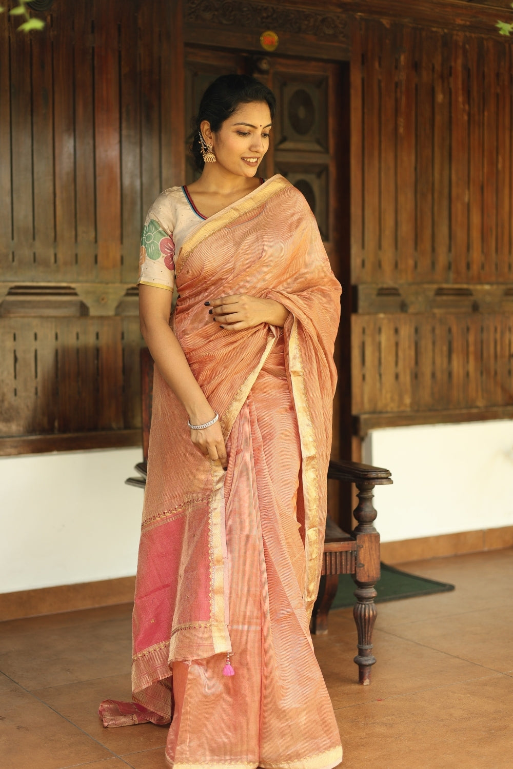 Peach Pink Tassel Border Embroidered Maheshwari Silk Saree