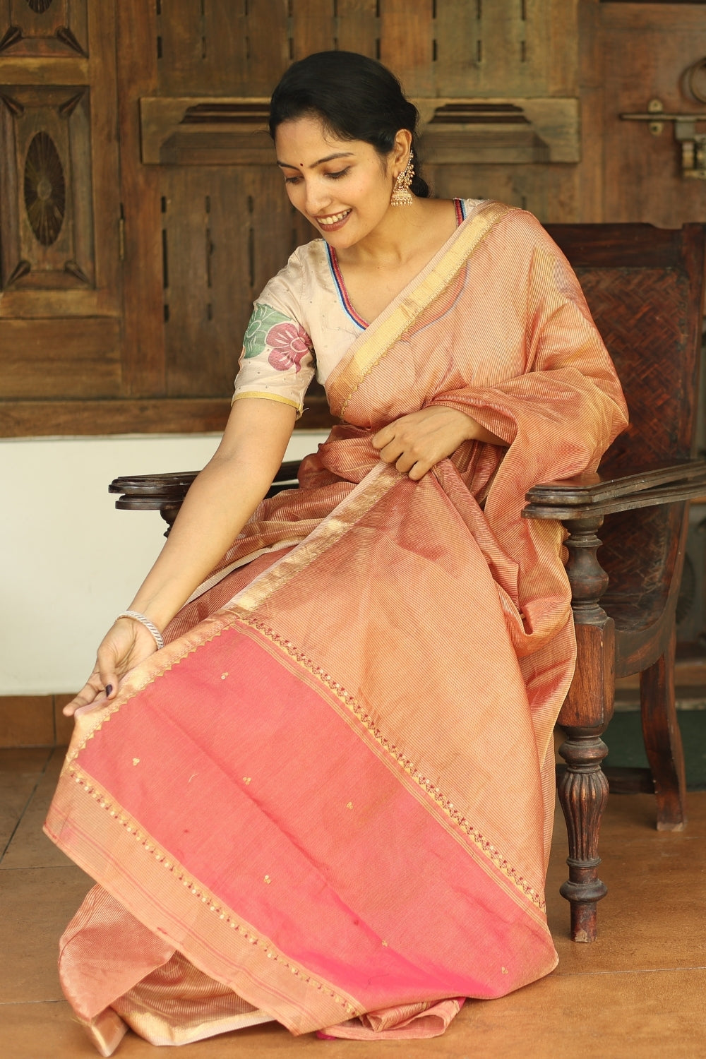 Peach Pink Tassel Border Embroidered Maheshwari Silk Saree