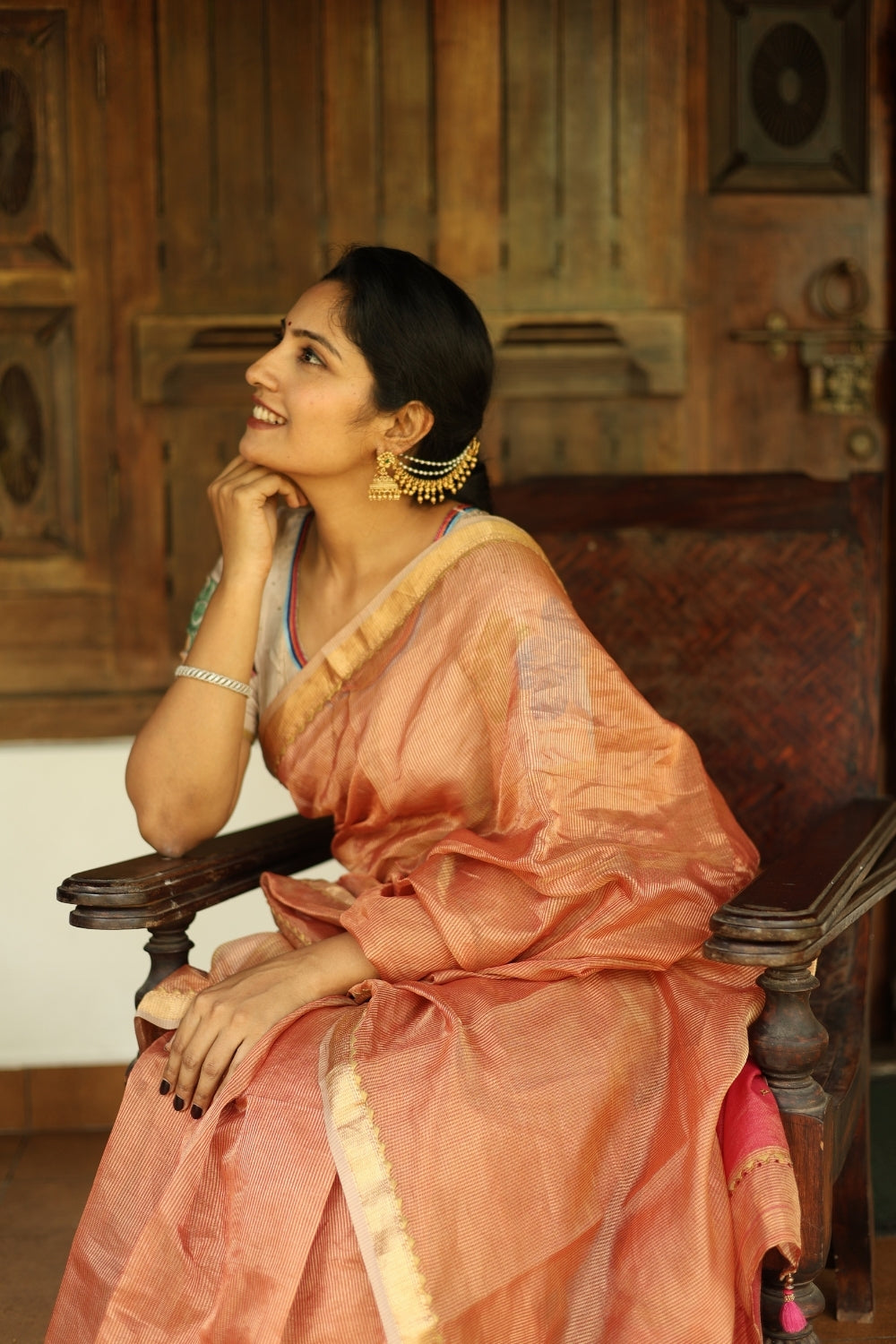 Peach Pink Tassel Border Embroidered Maheshwari Silk Saree