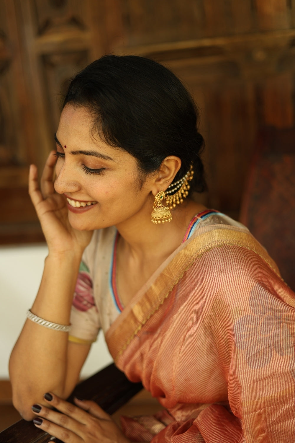 Peach Pink Tassel Border Embroidered Maheshwari Silk Saree