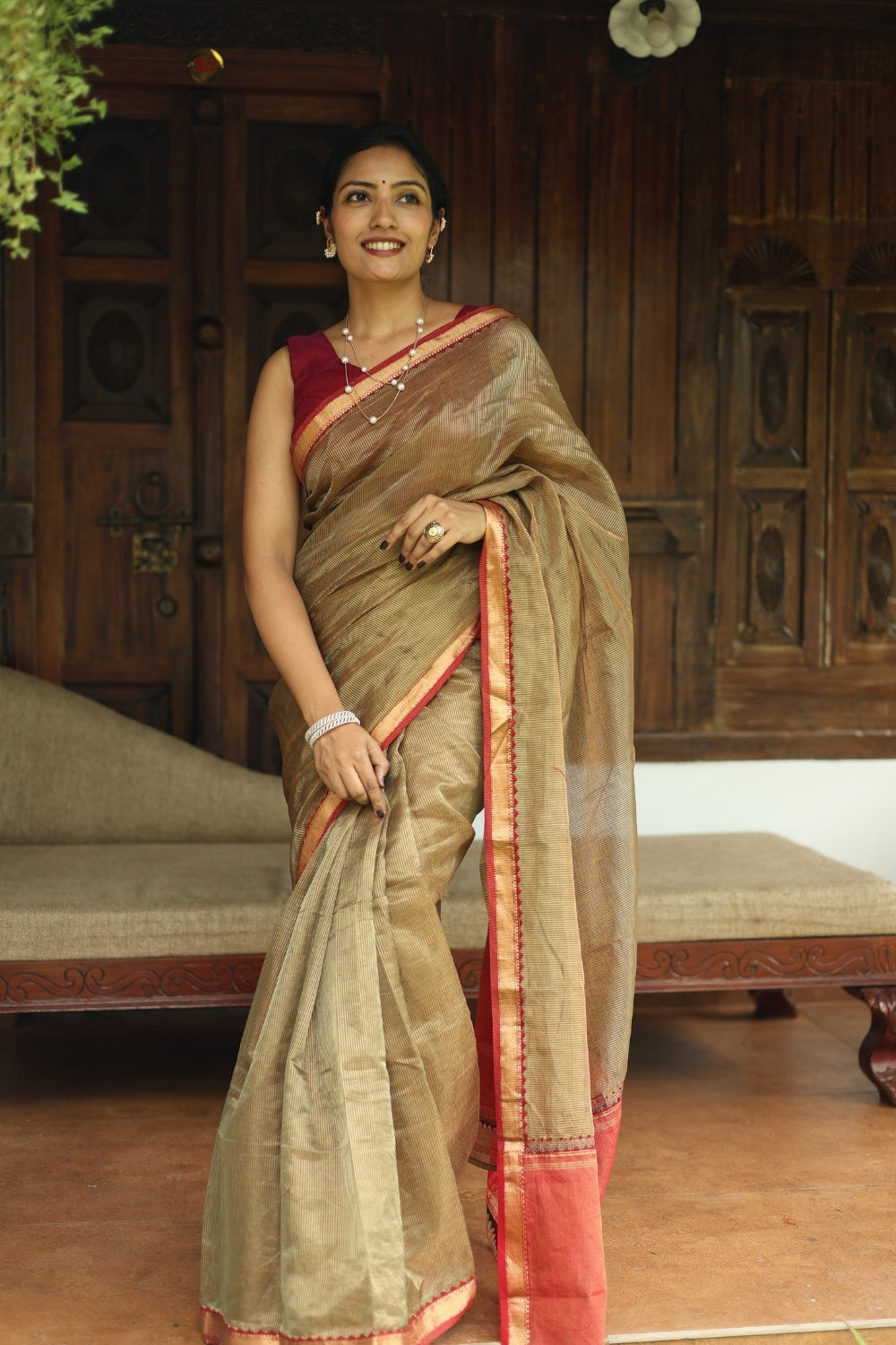 Gold & Red Tassel Embroidered Maheshwari Tissue Silk Saree