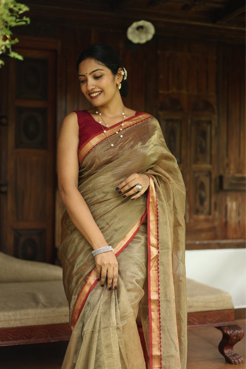 Gold & Red Tassel Embroidered Maheshwari Tissue Silk Saree