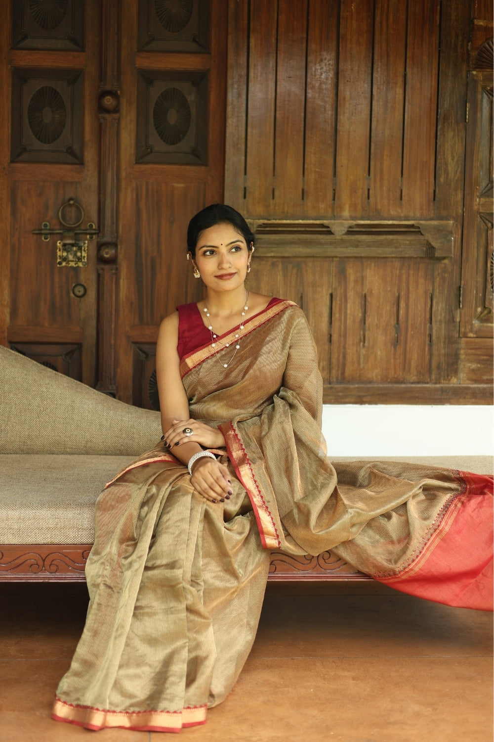 Gold & Red Tassel Embroidered Maheshwari Tissue Silk Saree
