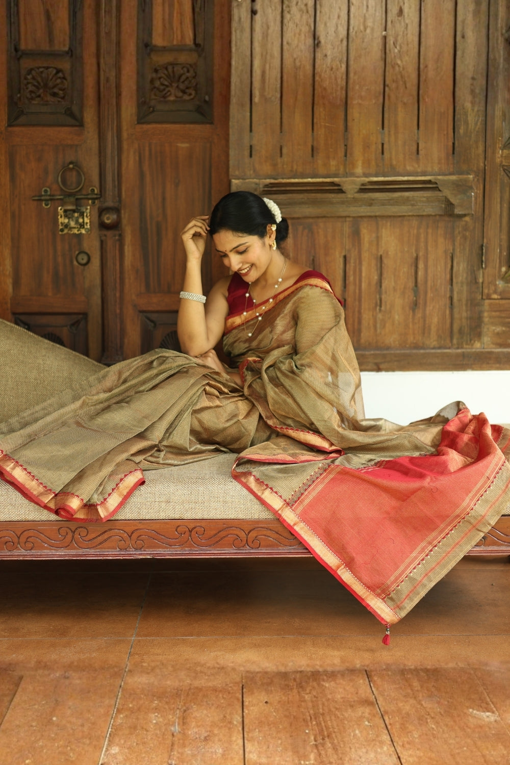 Gold & Red Tassel Embroidered Maheshwari Tissue Silk Saree