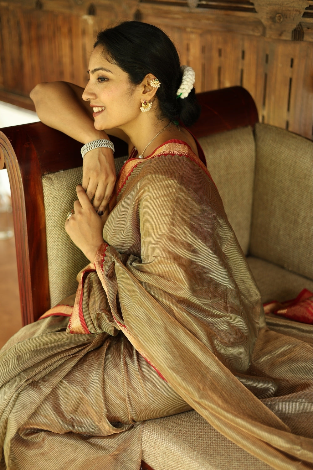 Gold & Red Tassel Embroidered Maheshwari Tissue Silk Saree