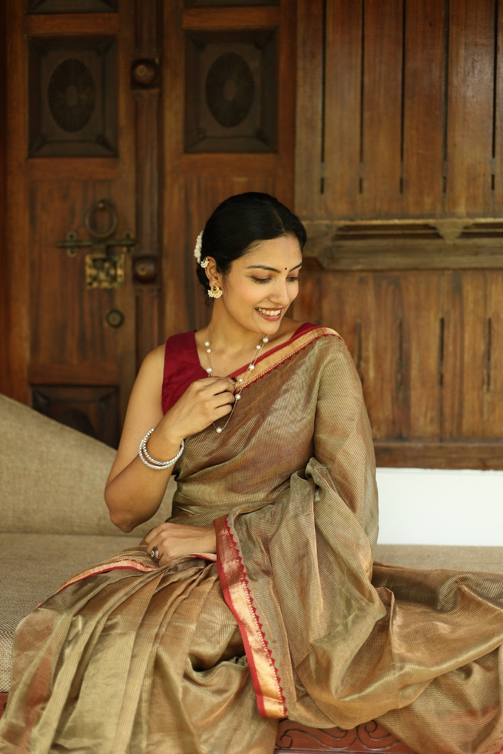 Gold & Red Tassel Embroidered Maheshwari Tissue Silk Saree