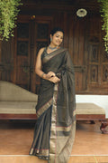 Charcoal Black & Red Pallu Appliqué Maheshwari Tissue Silk Saree