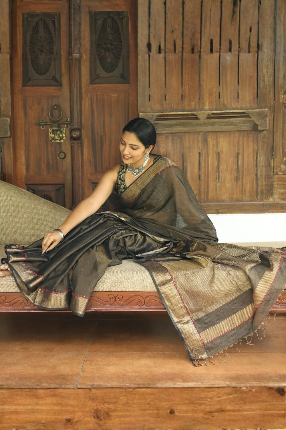 Charcoal Black & Red Pallu Appliqué Maheshwari Tissue Silk Saree