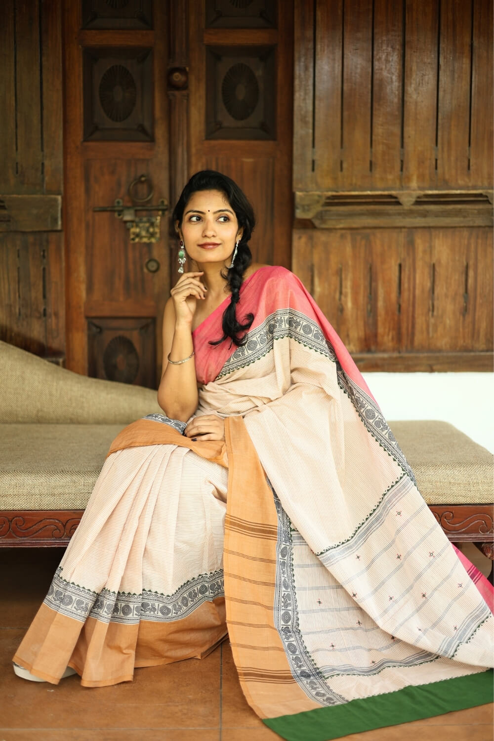 Cream Rudraksha Border Chettinad Handloom Cotton Saree