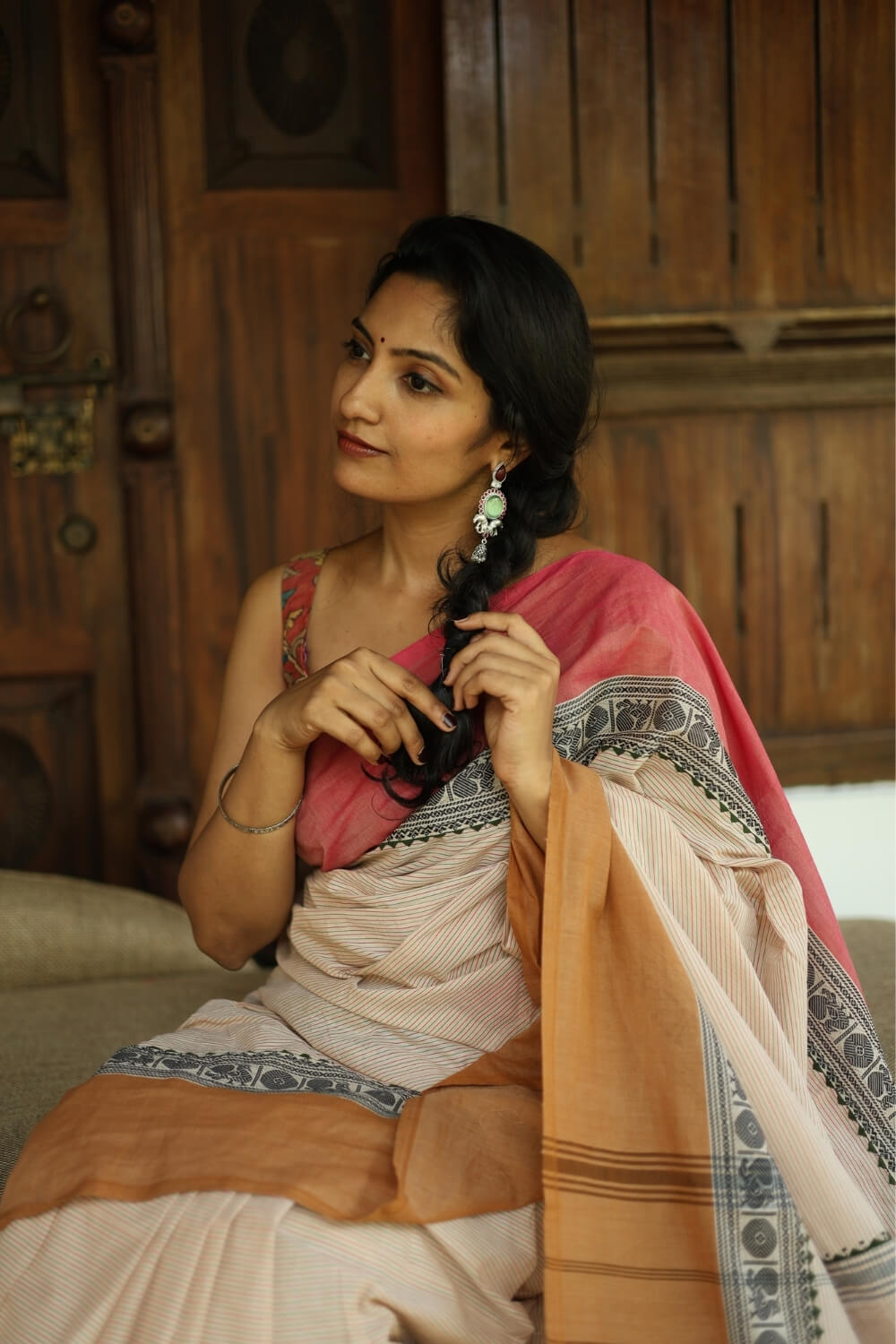Cream Rudraksha Border Chettinad Handloom Cotton Saree