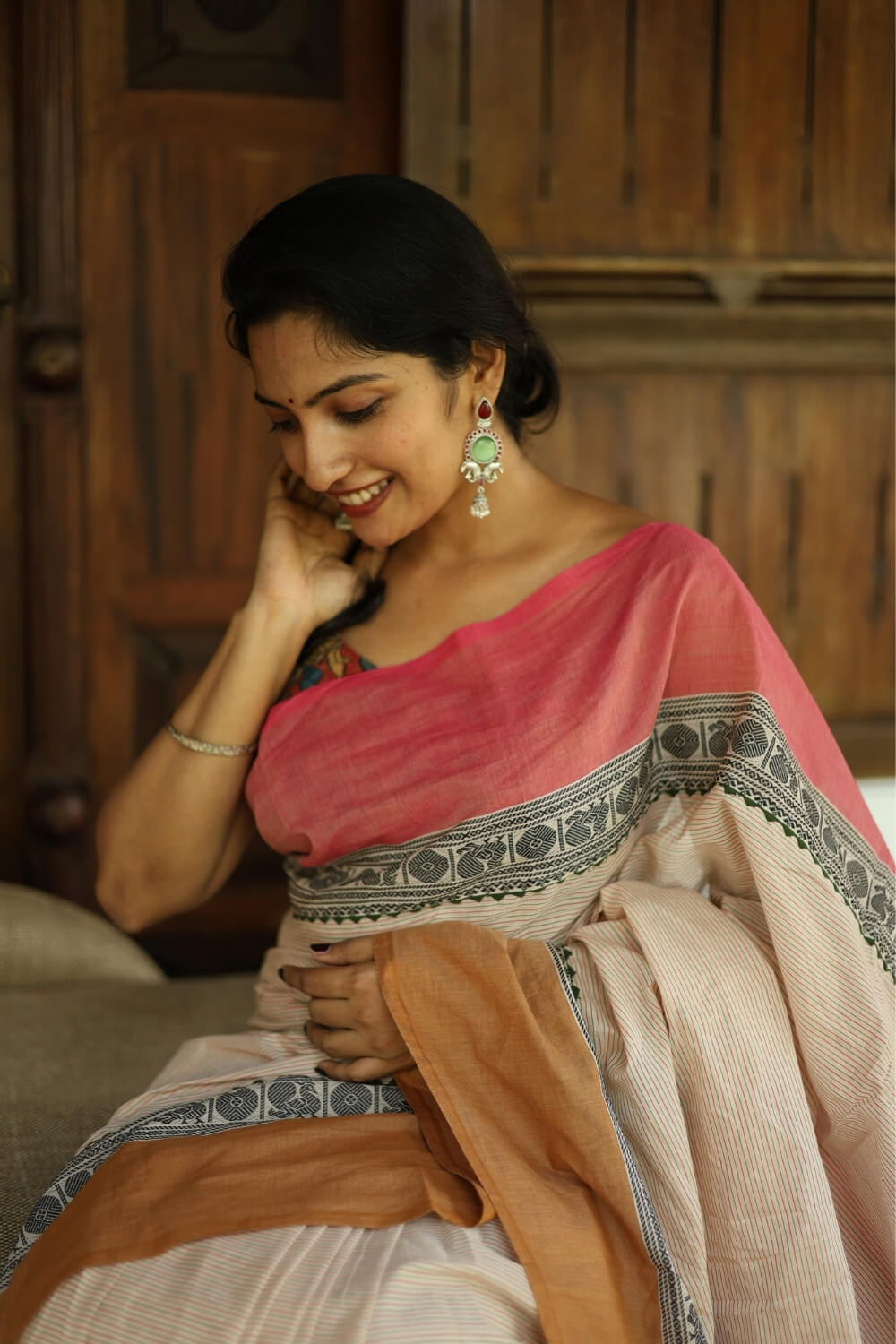 Cream Rudraksha Border Chettinad Handloom Cotton Saree