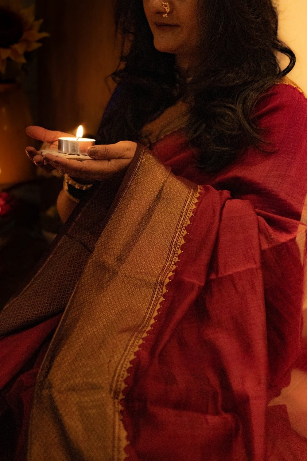Deep Red Appliqué Maheshwari Silk Saree
