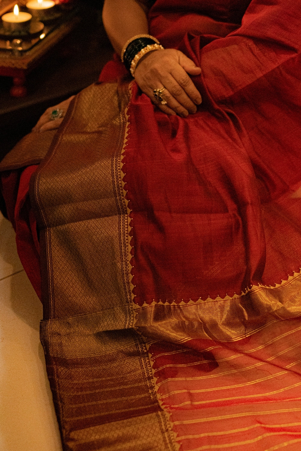 Deep Red Appliqué Maheshwari Silk Saree