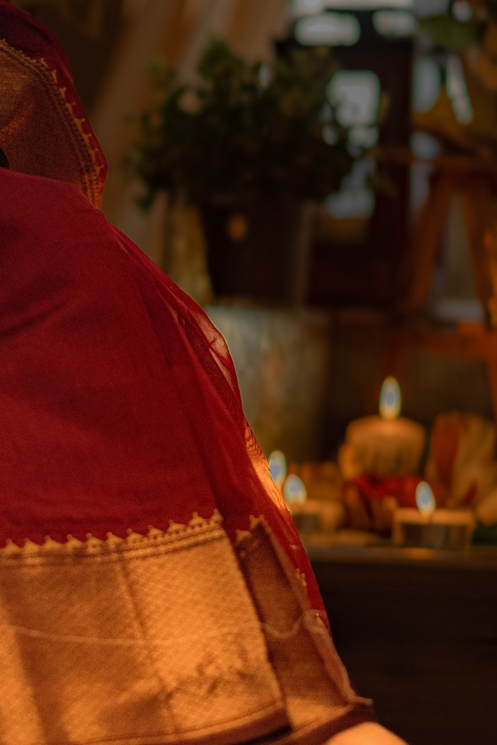 Deep Red Appliqué Maheshwari Silk Saree