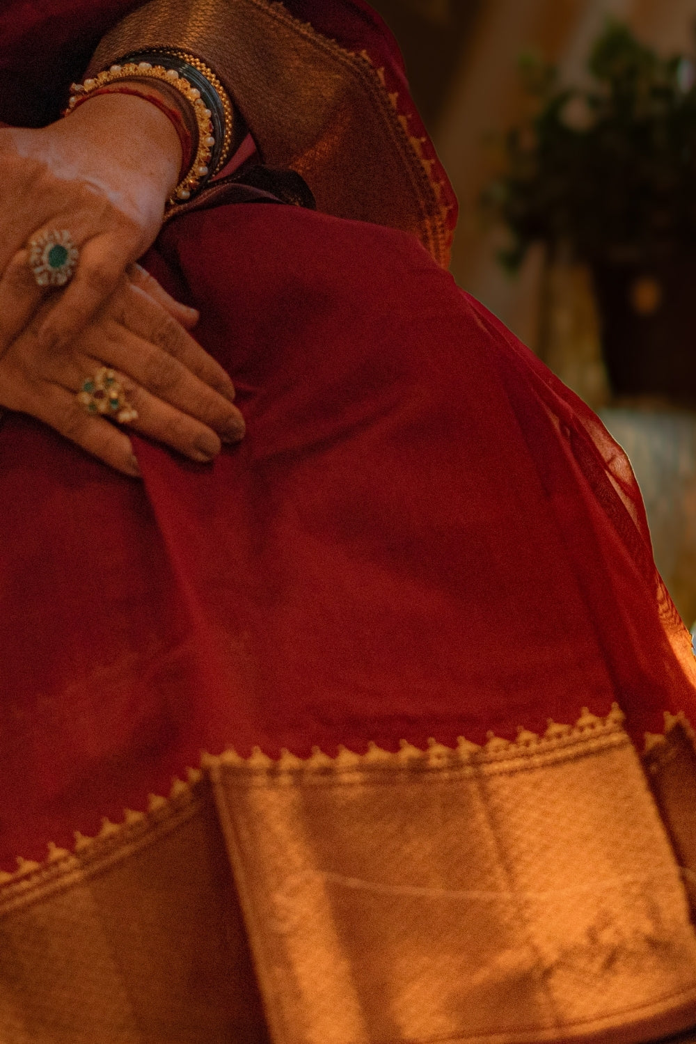 Deep Red Appliqué Maheshwari Silk Saree
