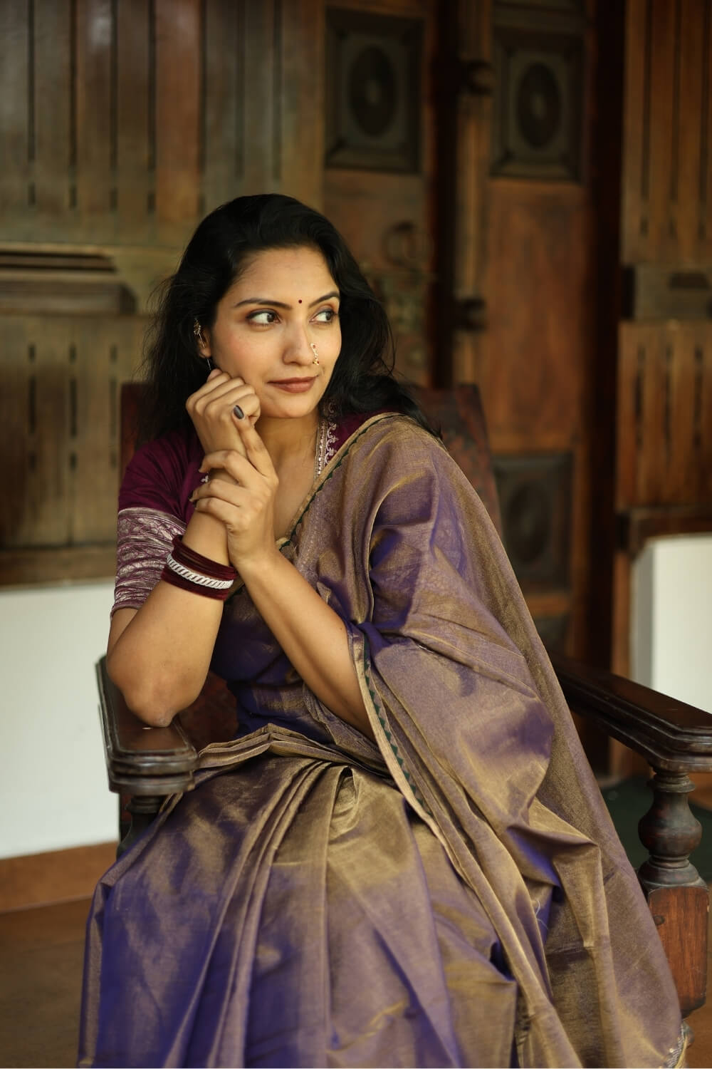 Double-Shaded Purple Pallu Embroidered Maheshwari Tissue Silk Saree