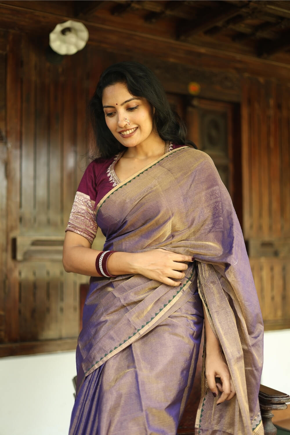 Double-Shaded Purple Pallu Embroidered Maheshwari Tissue Silk Saree