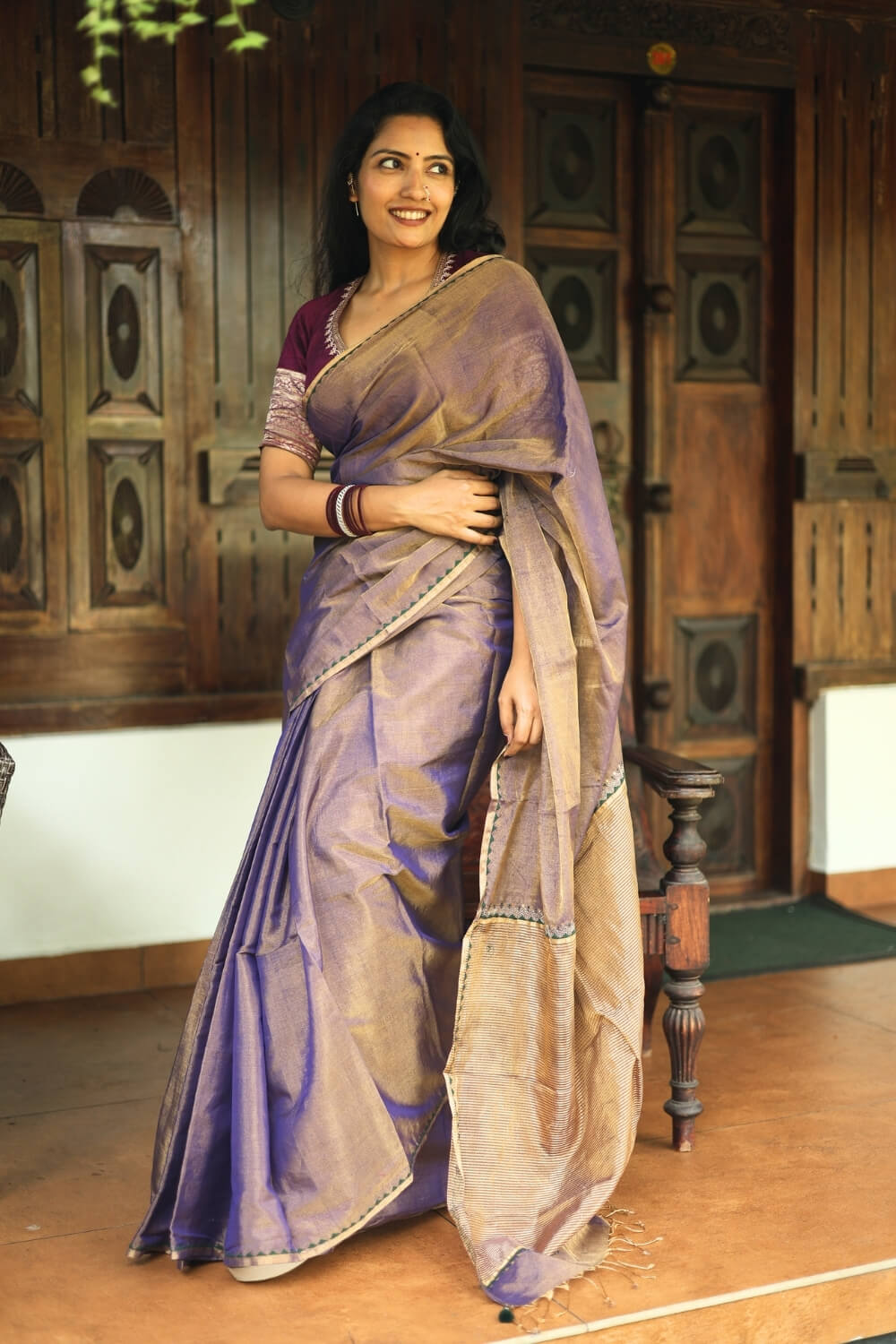 Double-Shaded Purple Pallu Embroidered Maheshwari Tissue Silk Saree