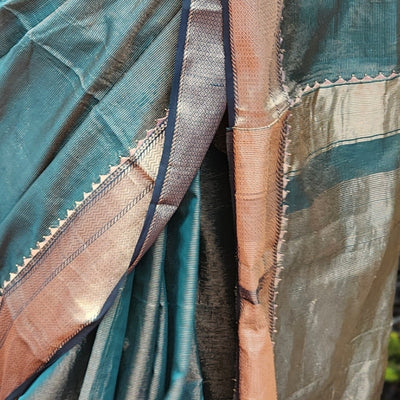 Golden Sea Green Appliqué Maheshwari Tissue Silk Saree