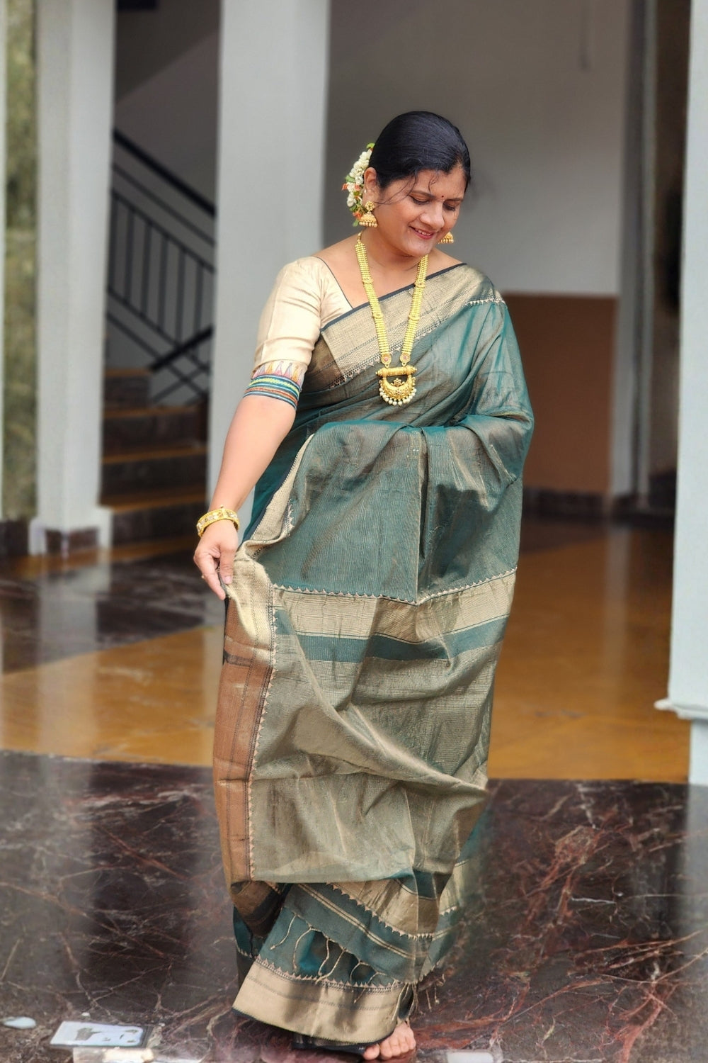 Golden Sea Green Appliqué Maheshwari Tissue Silk Saree