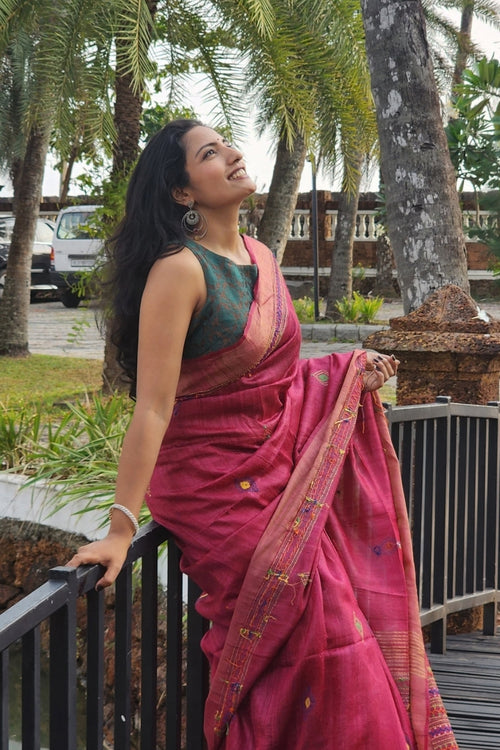 Kantha Embroidered Tussar Silk Saree