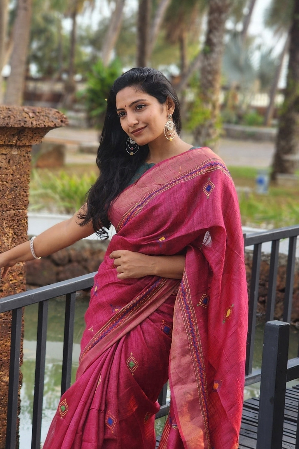 Kantha Embroidered Tussar Silk Saree