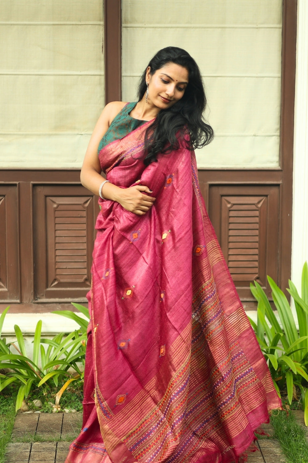 Kantha Embroidered Tussar Silk Saree
