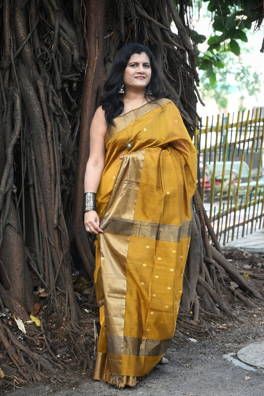 Mustard Yellow Maheshwari Silk Saree