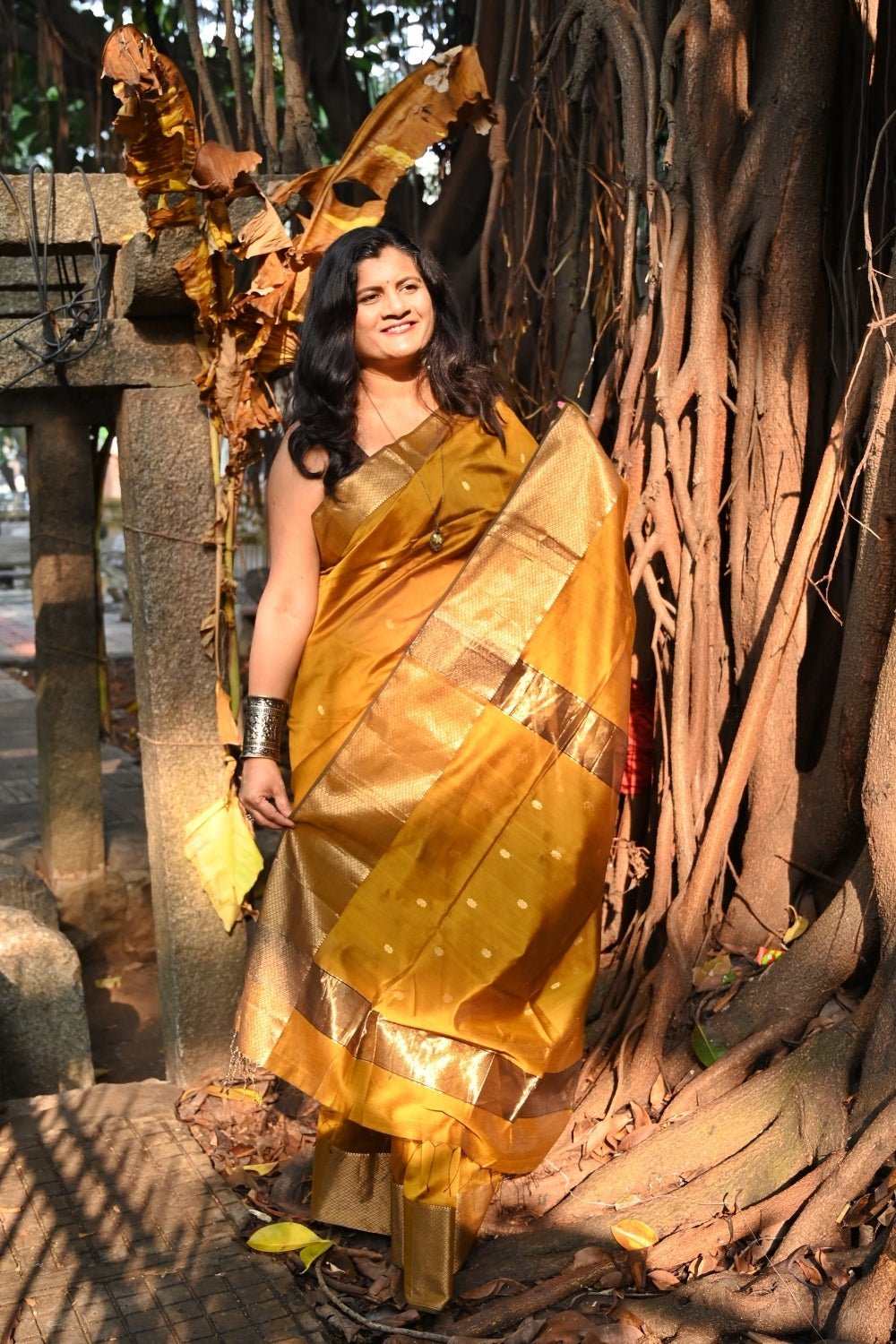 Mustard Yellow Maheshwari Silk Saree