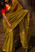 Olive Green Golden Border Maheshwari Silk Saree