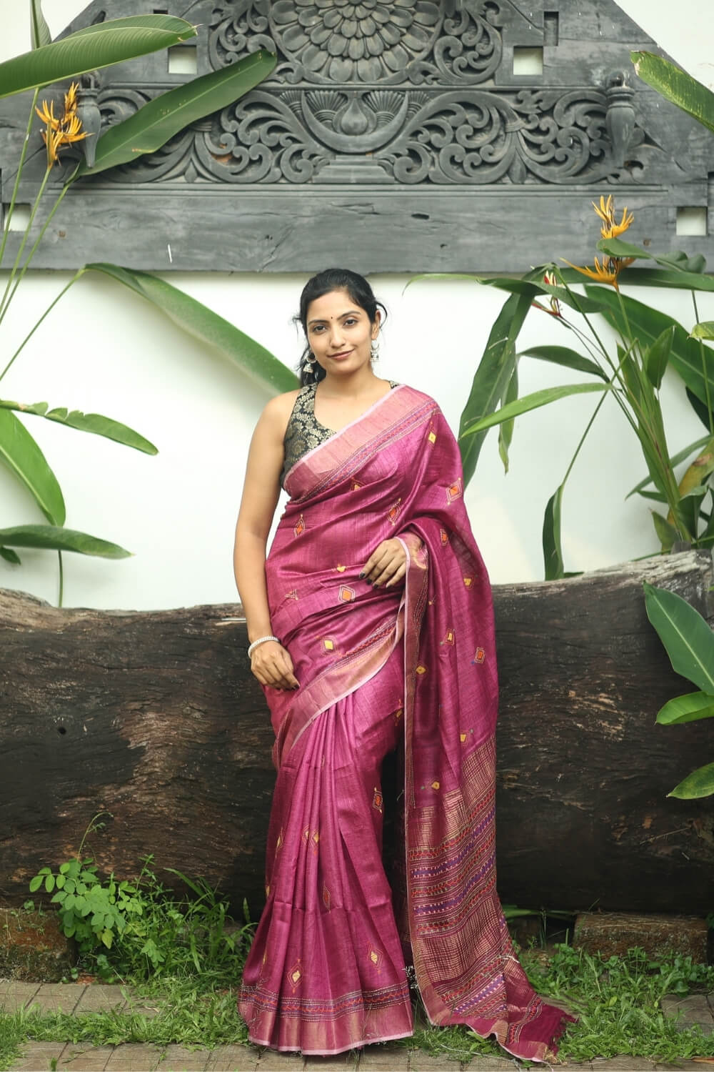 Onion Pink Kantha Embroidered Handloom Tussar Silk Saree