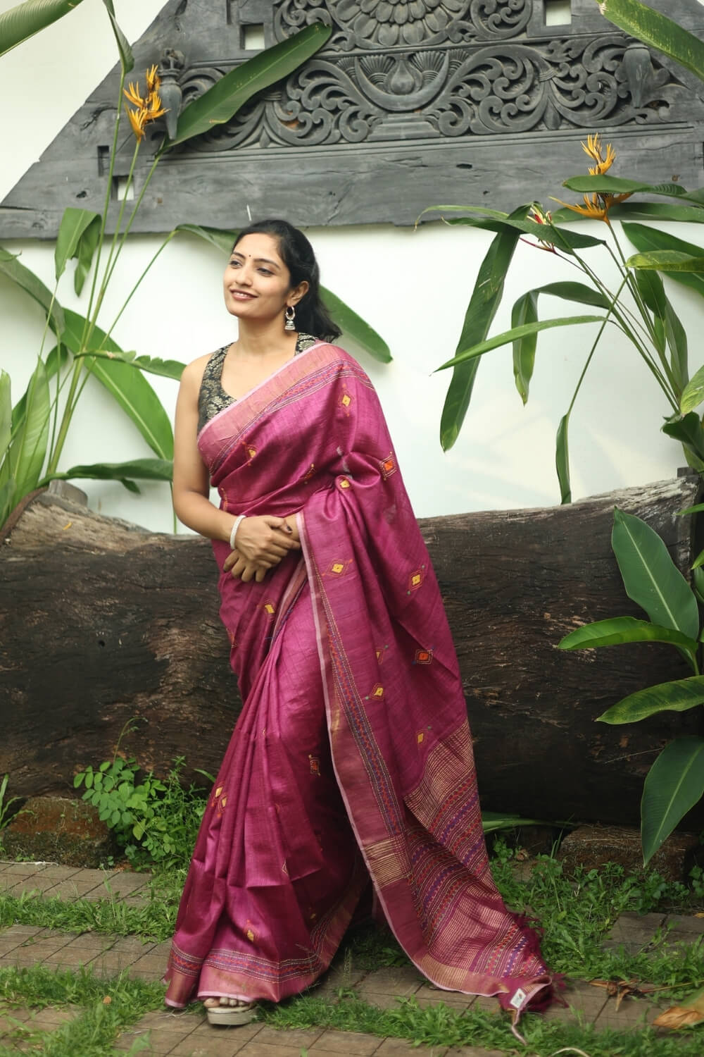 Onion Pink Kantha Embroidered Handloom Tussar Silk Saree