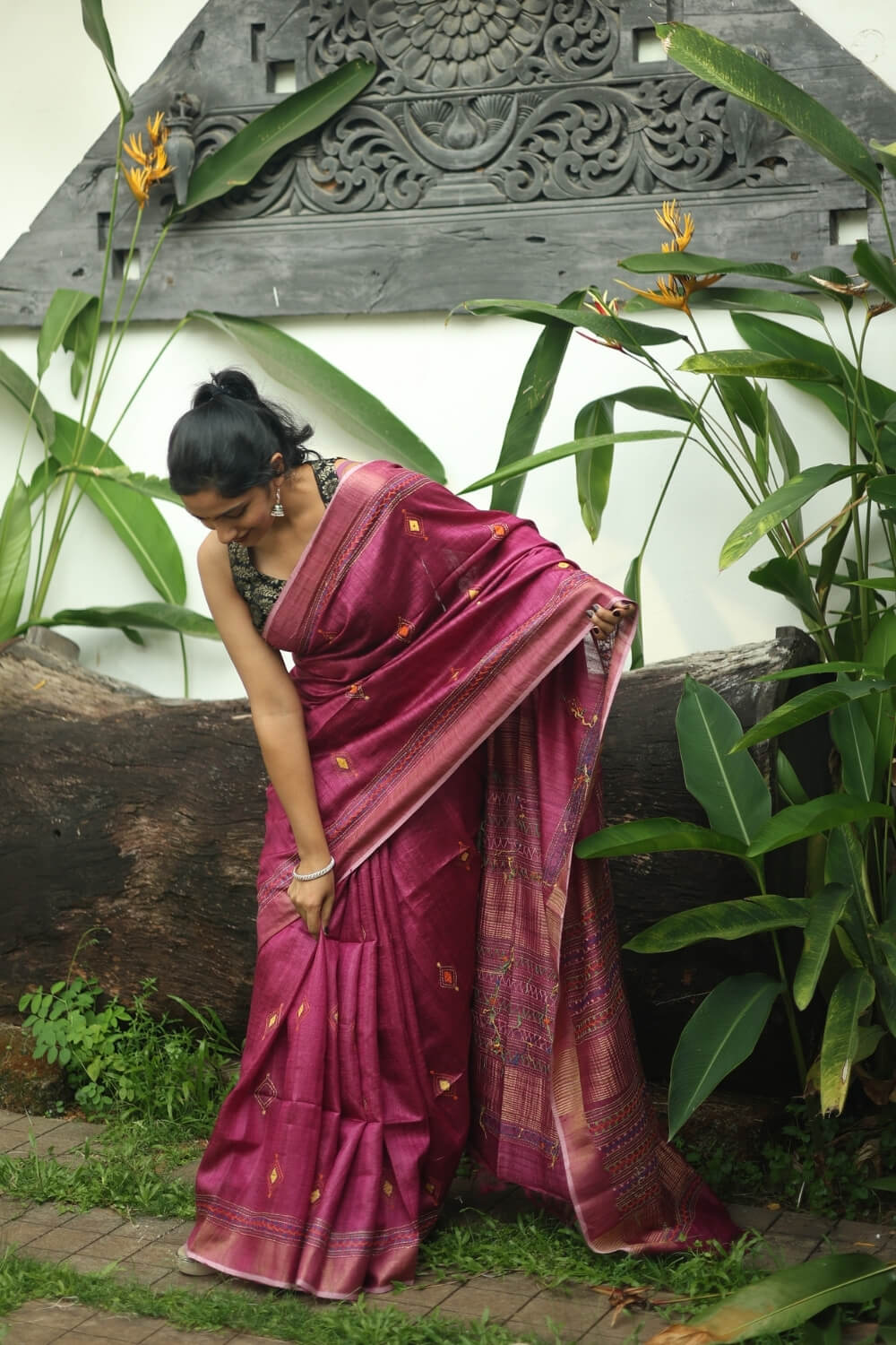 Onion Pink Kantha Embroidered Handloom Tussar Silk Saree
