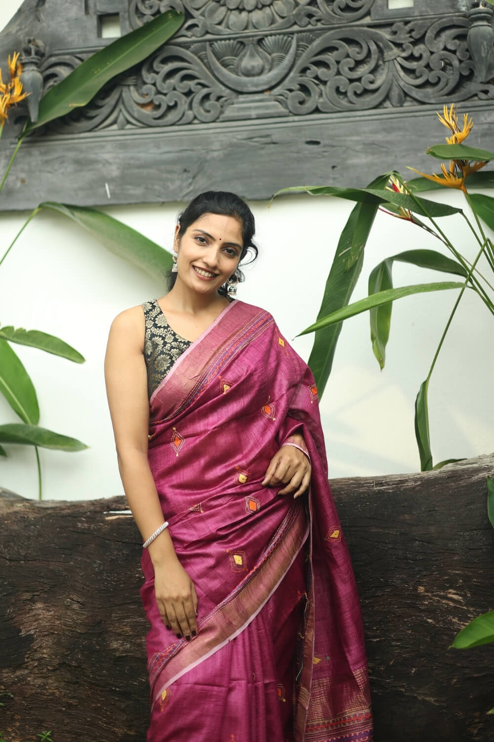 Onion Pink Kantha Embroidered Handloom Tussar Silk Saree
