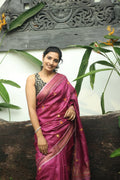 Onion Pink Kantha Embroidered Handloom Tussar Silk Saree