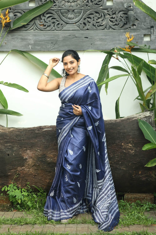 Royal Blue Kantha Border Handloom Tussar Silk Saree