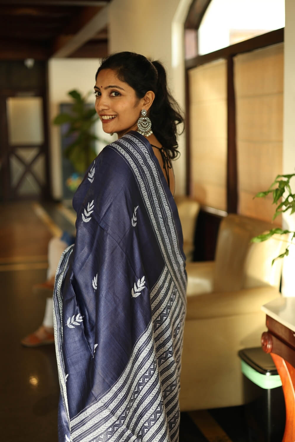 Royal Blue Kantha Border Handloom Tussar Silk Saree