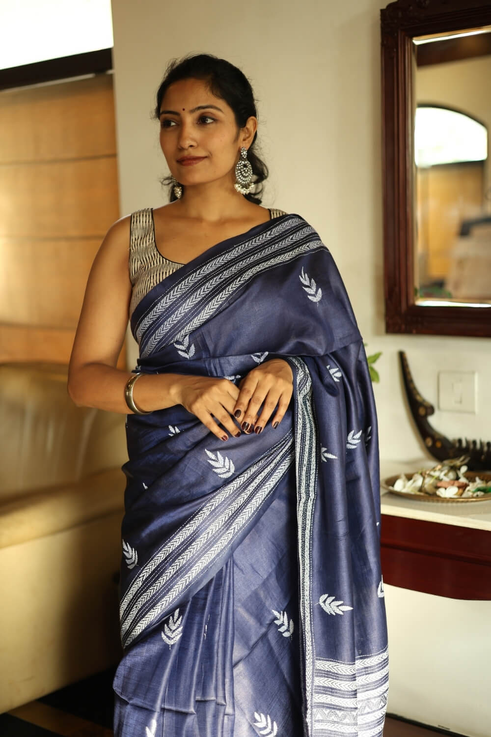 Royal Blue Kantha Border Handloom Tussar Silk Saree