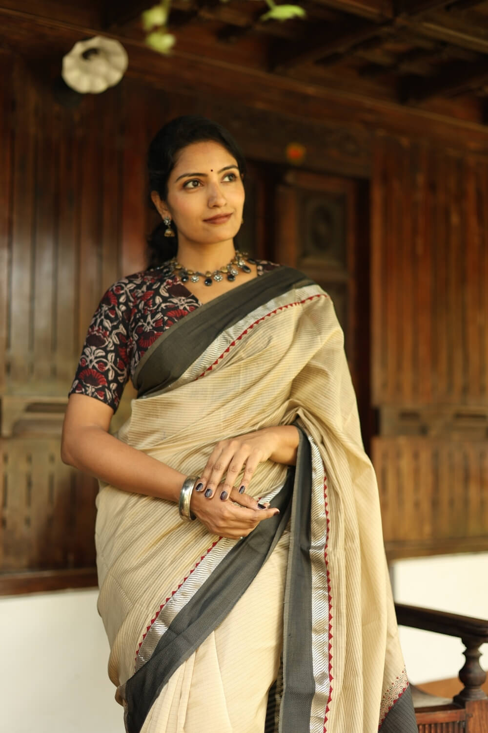 Sap Green Border Embroidered Maheshwari Silk Saree
