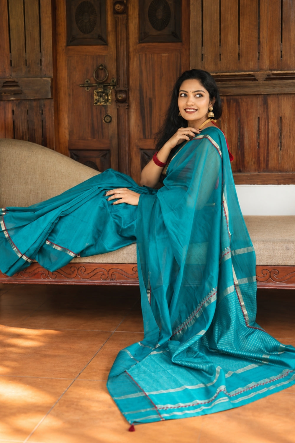 Teal Red Appliqué Maheshwari Silk Saree